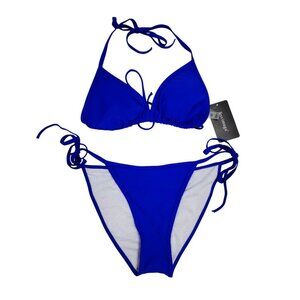 Two-Piece Blue Halter Bikini Set  Adjustable Triangle Top Tie-Side Bottoms SZ M